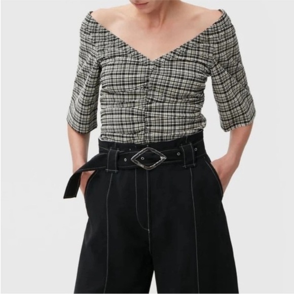 Ganni Rucked Check Plaid Top Blouse - Picture 3 of 16